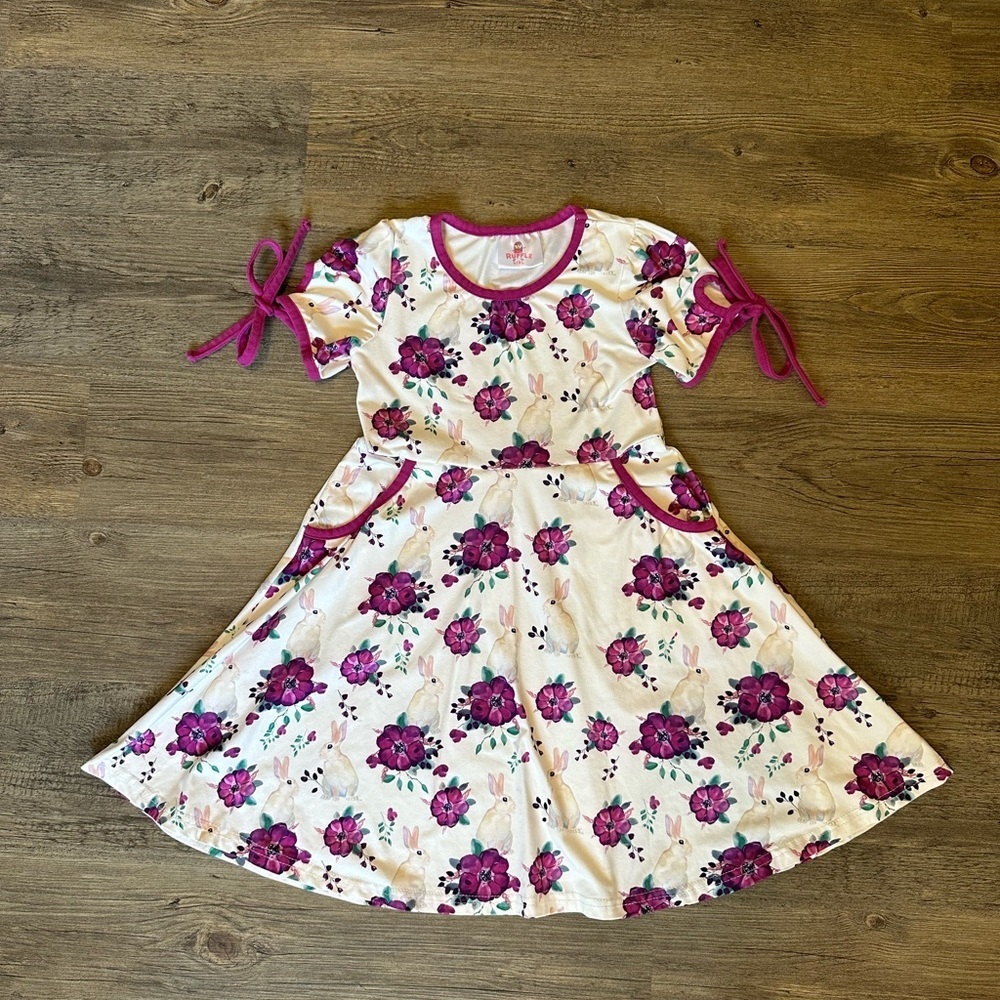 Ruffle Girl. (XL) Size 6. Charming Floral Kids Dress with Purple Accents